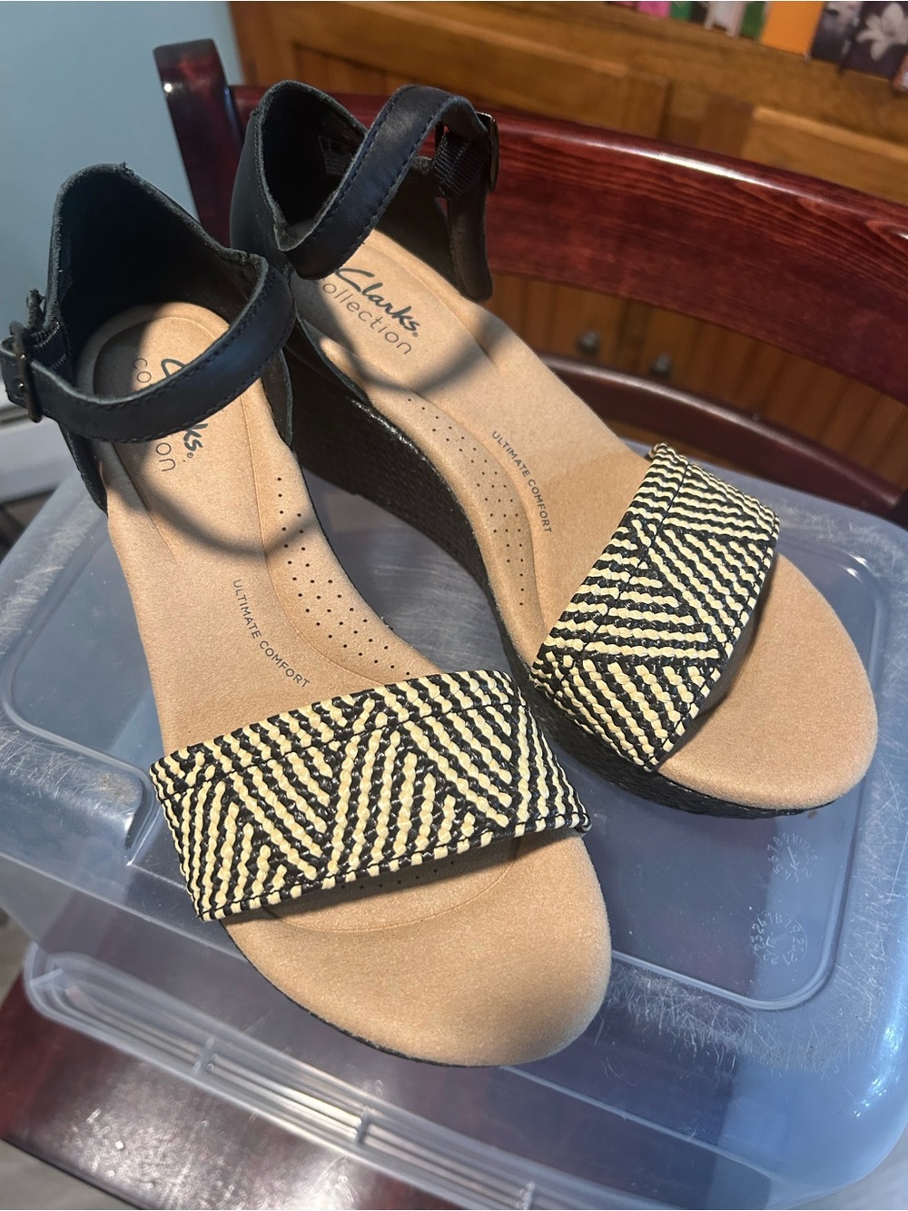 Clarks Black and Beige Wedge Sandals with Patterned Front Strap